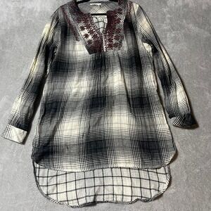 Anthropologie Floreat Tunic Womens Medium Gauze Plaid Embroidered Lagenlook Boho